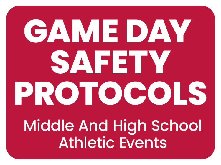 Game Day Safety Protocols graphic with red background and white text